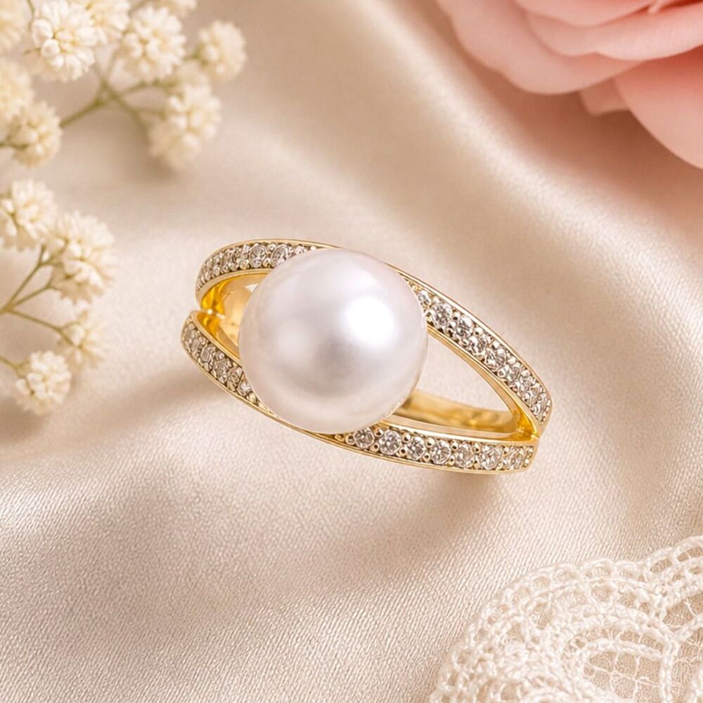 Amanda Blu Silver Tone Genuine Pearl and Crystal Fashion Ring Size 8 NWT